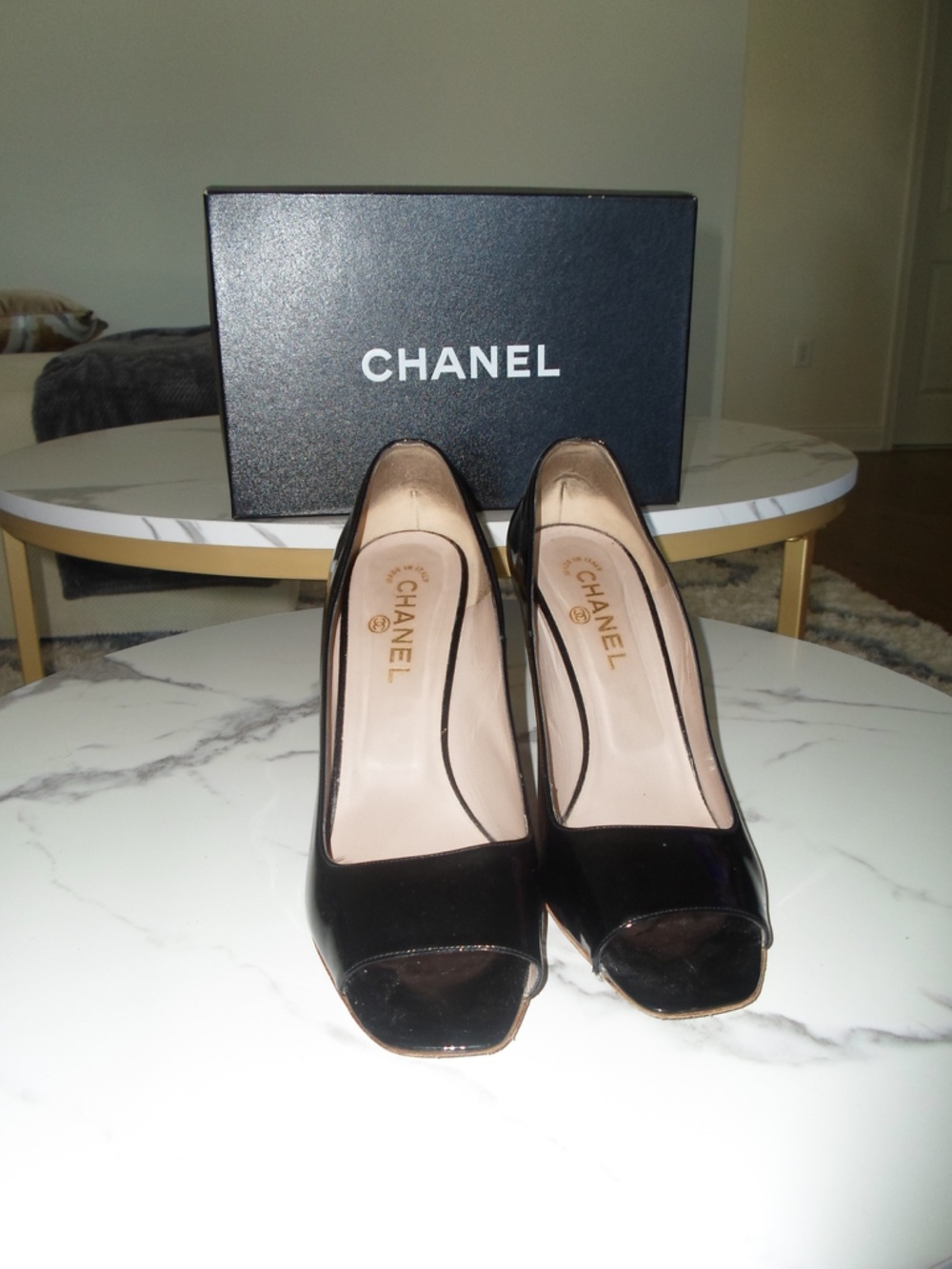 CHANEL Black Patent Leather Peep-Toe Flats